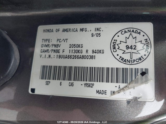 Продажа на аукционе авто 2006 Acura Tl, vin: 19UUA66266A800381, номер лота: 12714360