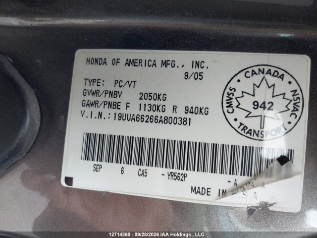 Продажа на аукционе авто 2006 Acura Tl, vin: 19UUA66266A800381, номер лота: 12714360