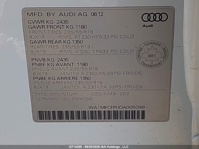 12714389 :رقم المزاد ، WA1MFCFP0DA005098 vin ، 2013 Audi Q5 Premium مزاد بيع