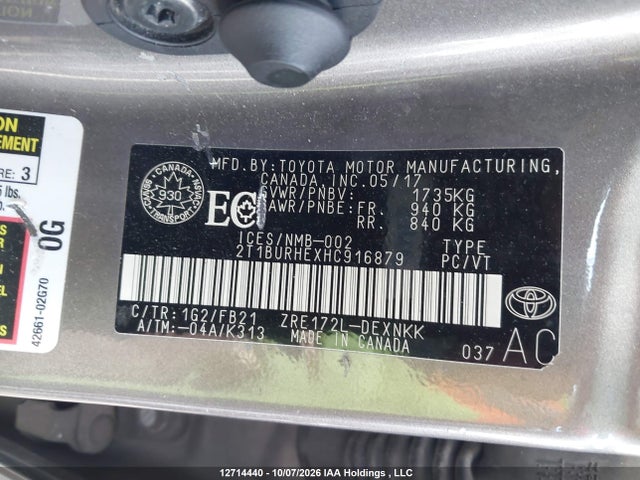 Aukcja sprzedaży 2017 Toyota Corolla Le, vin: 2T1BURHEXHC916879, numer aukcji: 12714440