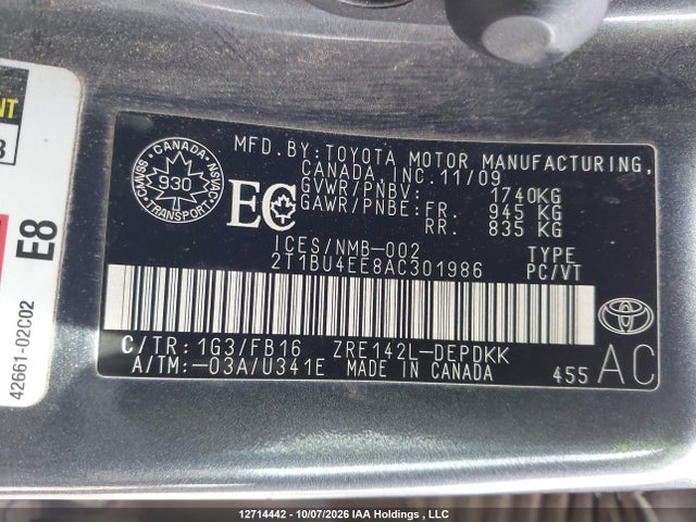 Продажа на аукционе авто 2010 Toyota Corolla Ce, vin: 2T1BU4EE8AC301986, номер лота: 12714442