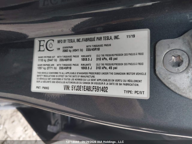 Aukcja sprzedaży 2020 Tesla Model 3 Standard Range Plus, vin: 5YJ3E1EA8LF591402, numer aukcji: 12714444