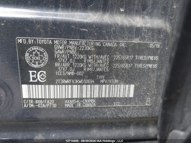 2019 Toyota Rav4 Hybrid მანქანა იყიდება აუქციონზე, vin: 2T3RWRFV3KW010694, აუქციონის ნომერი: 12714455