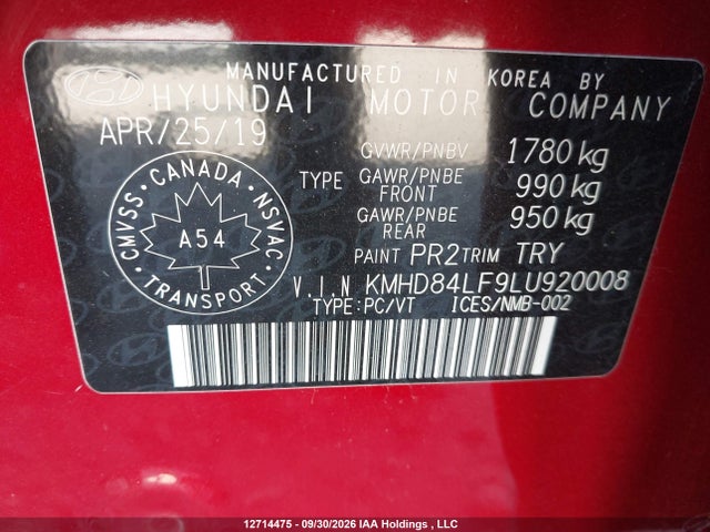 Продажа на аукционе авто 2020 Hyundai Elantra Sel/value/limited, vin: KMHD84LF9LU920008, номер лота: 12714475
