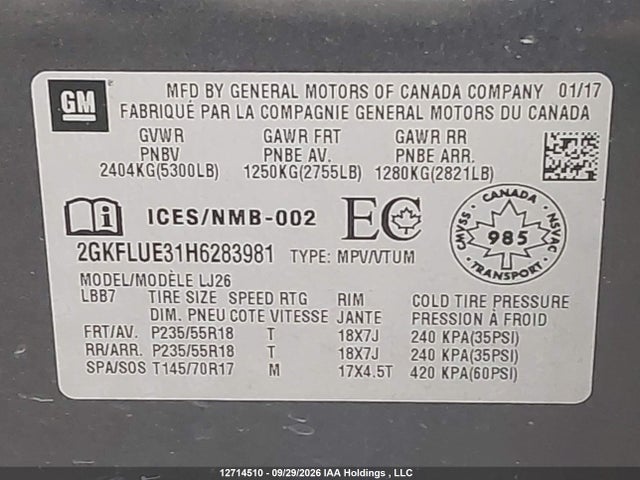 12714510 :رقم المزاد ، 2GKFLUE31H6283981 vin ، 2017 Gmc Terrain Slt مزاد بيع