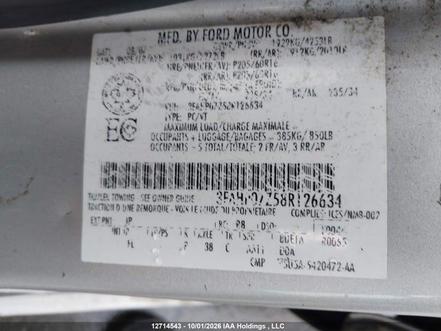 2008 Ford Fusion Se მანქანა იყიდება აუქციონზე, vin: 3FAHP07Z58R126634, აუქციონის ნომერი: 12714543