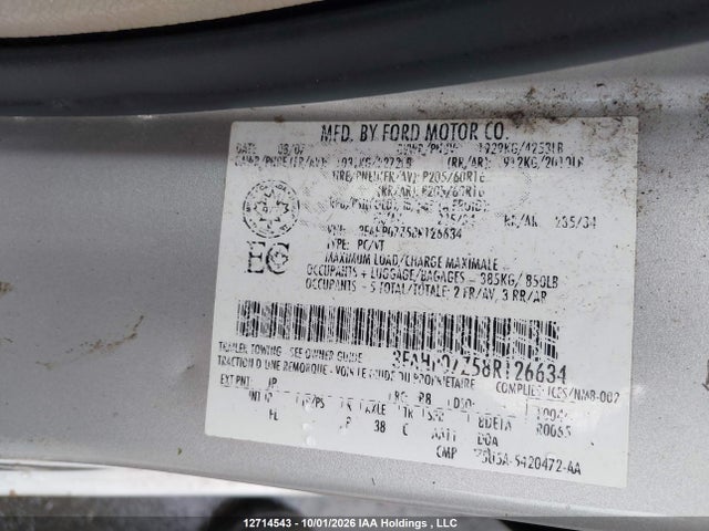 2008 Ford Fusion Se მანქანა იყიდება აუქციონზე, vin: 3FAHP07Z58R126634, აუქციონის ნომერი: 12714543