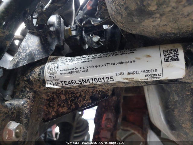12714555 :رقم المزاد ، 1HFTE46L5N4700125 vin ، 2022 Honda Trx520 Fa مزاد بيع