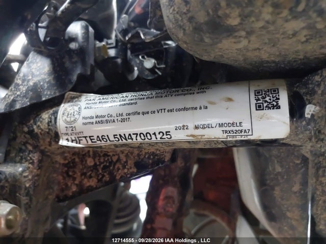 12714555 :رقم المزاد ، 1HFTE46L5N4700125 vin ، 2022 Honda Trx520 Fa مزاد بيع