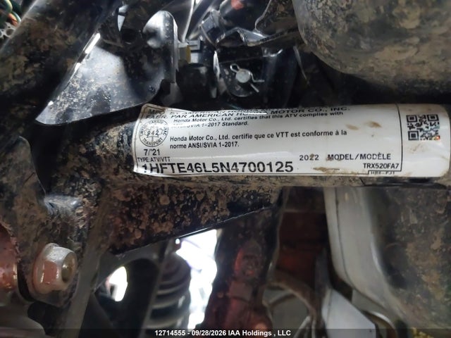 12714555 :رقم المزاد ، 1HFTE46L5N4700125 vin ، 2022 Honda Trx520 Fa مزاد بيع