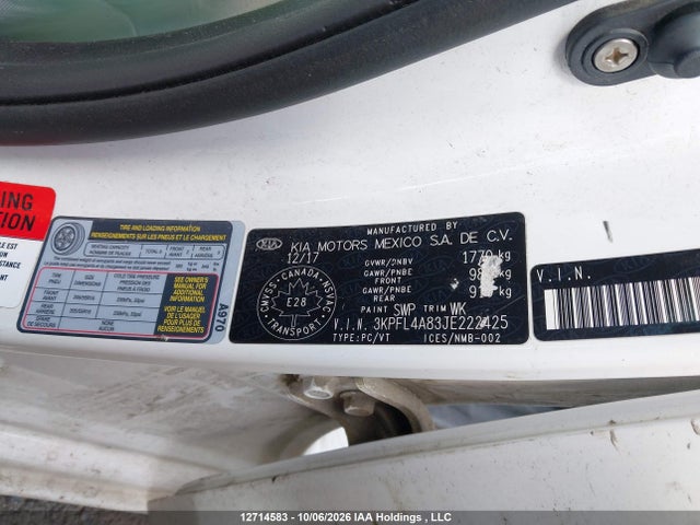 2018 Kia Forte Ex მანქანა იყიდება აუქციონზე, vin: 3KPFL4A83JE222425, აუქციონის ნომერი: 12714583