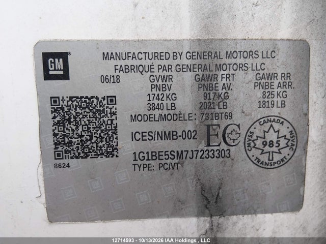 2018 Chevrolet Cruze Lt Auto მანქანა იყიდება აუქციონზე, vin: 1G1BE5SM7J7233303, აუქციონის ნომერი: 12714593