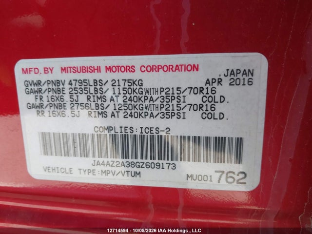 Aukcja sprzedaży 2016 Mitsubishi Outlander Es, vin: JA4AZ2A38GZ609173, numer aukcji: 12714594