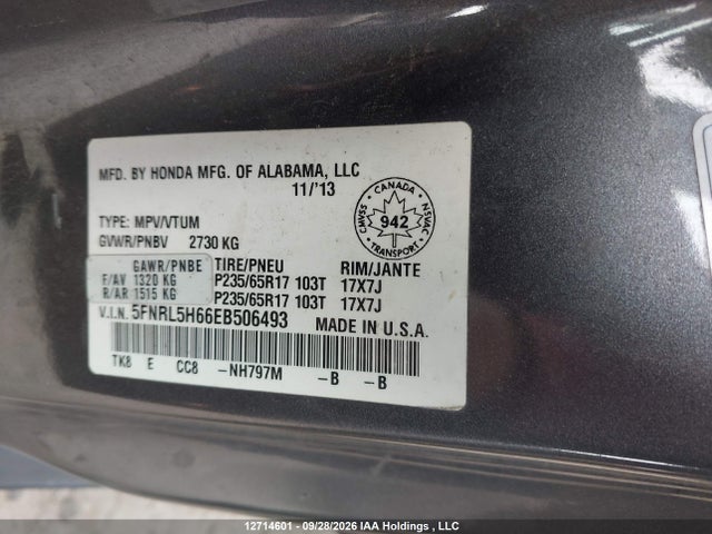 Aukcja sprzedaży 2014 Honda Odyssey Ex-l, vin: 5FNRL5H66EB506493, numer aukcji: 12714601
