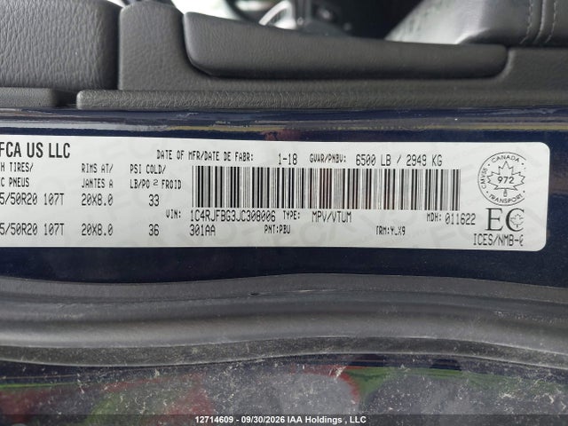 12714609 :رقم المزاد ، 1C4RJFBG3JC308006 vin ، 2018 Jeep Grand Cherokee Limited مزاد بيع