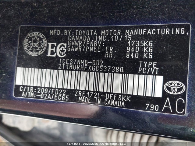 Aukcja sprzedaży 2016 Toyota Corolla S, vin: 2T1BURHEXGC537380, numer aukcji: 12714618