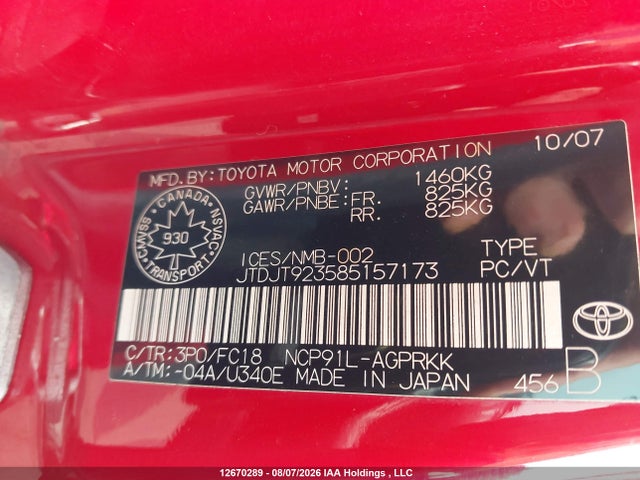 Продажа на аукционе авто 2008 Toyota Yaris Ce/rs, vin: JTDJT923585157173, номер лота: 12670289