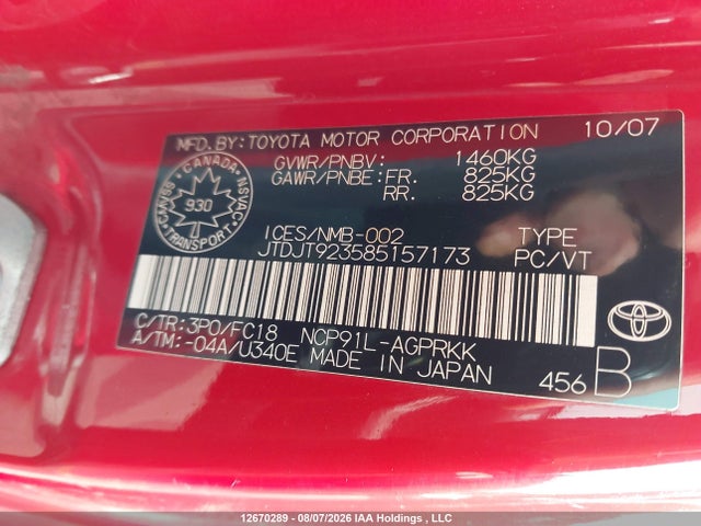 Продажа на аукционе авто 2008 Toyota Yaris Ce/rs, vin: JTDJT923585157173, номер лота: 12670289