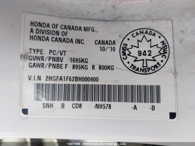 2011 Honda Civic Se მანქანა იყიდება აუქციონზე, vin: 2HGFA1F62BH000400, აუქციონის ნომერი: 12671956