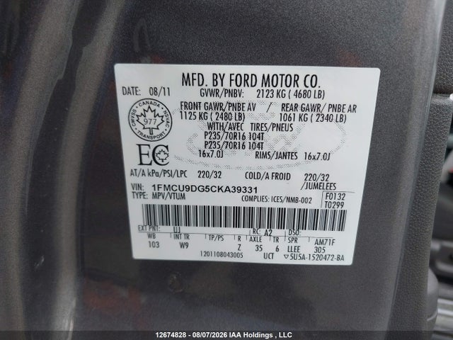 Продажа на аукционе авто 2012 Ford Escape Xlt, vin: 1FMCU9DG5CKA39331, номер лота: 12674828