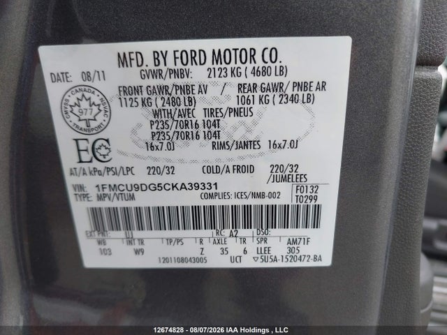 Продажа на аукционе авто 2012 Ford Escape Xlt, vin: 1FMCU9DG5CKA39331, номер лота: 12674828