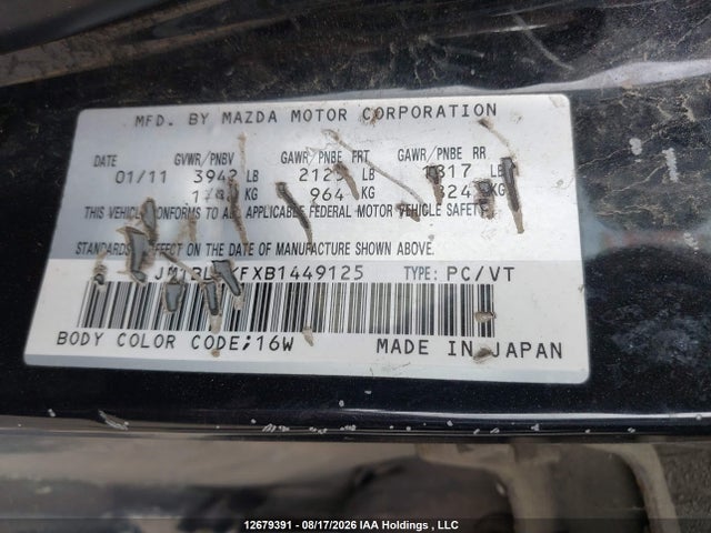 2011 Mazda Mazda3 Gx მანქანა იყიდება აუქციონზე, vin: JM1BL1KFXB1449125, აუქციონის ნომერი: 12679391