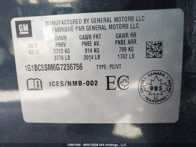 Продажа на аукционе авто 2016 Chevrolet Cruze Ls Auto, vin: 1G1BC5SM6G7236756, номер лота: 12681040