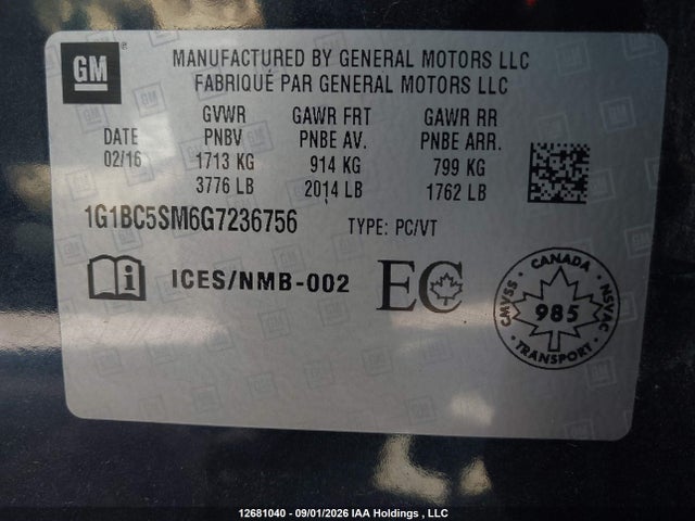 Продажа на аукционе авто 2016 Chevrolet Cruze Ls Auto, vin: 1G1BC5SM6G7236756, номер лота: 12681040