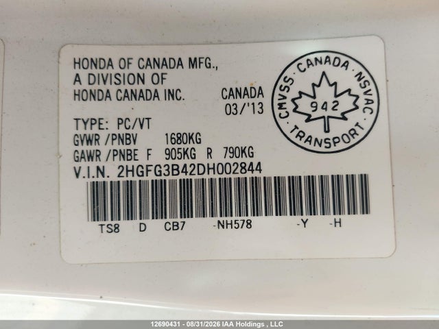 Aukcja sprzedaży 2013 Honda Civic Lx, vin: 2HGFG3B42DH002844, numer aukcji: 12690431