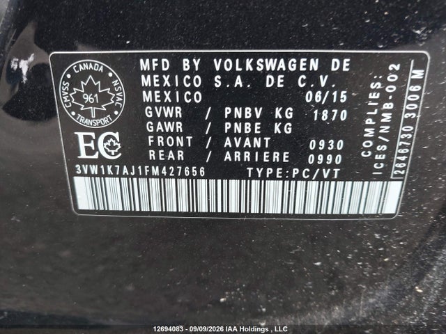 Продаж на аукціоні авто 2015 Volkswagen Jetta 2.0l Trendline/2.0l Trendline+, vin: 3VW1K7AJ1FM427656, номер лоту: 12694083
