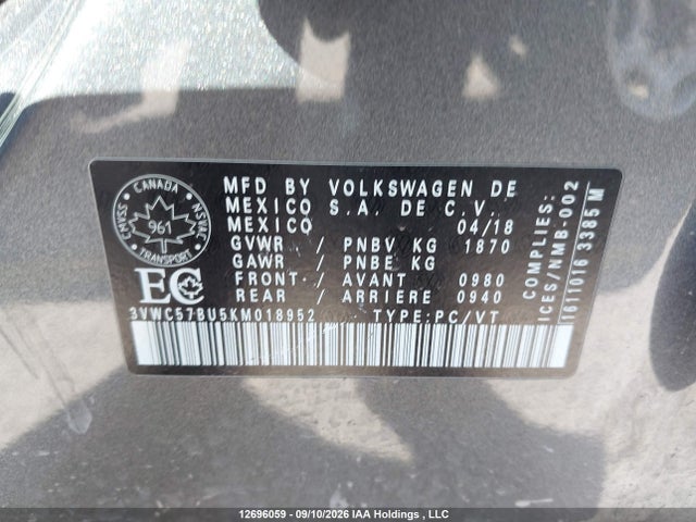 Продажа на аукционе авто 2019 Volkswagen Jetta 1.4 Tsi Comfortline, vin: 3VWC57BU5KM018952, номер лота: 12696059