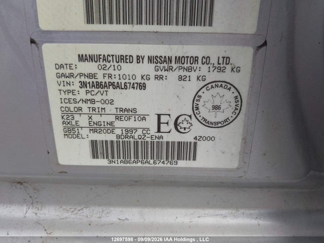 Aukcja sprzedaży 2010 Nissan Sentra 2.0, vin: 3N1AB6AP6AL674769, numer aukcji: 12697598