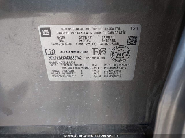 Продажа на аукционе авто 2012 Gmc Terrain Sle-1, vin: 2GKFLREK0C6360742, номер лота: 12698934