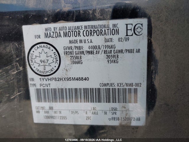 2009 Mazda Mazda6 I Grand Touring/i Touring მანქანა იყიდება აუქციონზე, vin: 1YVHP82HX95M48840, აუქციონის ნომერი: 12703466