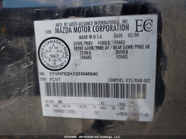 2009 Mazda Mazda6 I Grand Touring/i Touring მანქანა იყიდება აუქციონზე, vin: 1YVHP82HX95M48840, აუქციონის ნომერი: 12703466