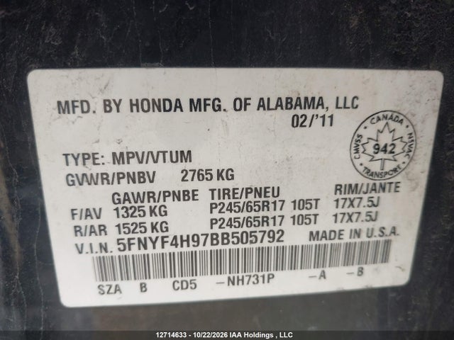 12714633 :رقم المزاد ، 5FNYF4H97BB505792 vin ، 2011 Honda Pilot Touring مزاد بيع