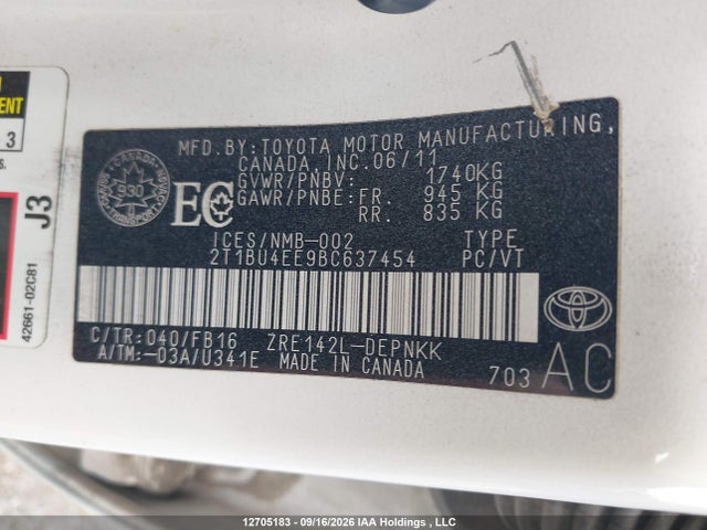Продаж на аукціоні авто 2011 Toyota Corolla Le, vin: 2T1BU4EE9BC637454, номер лоту: 12705183