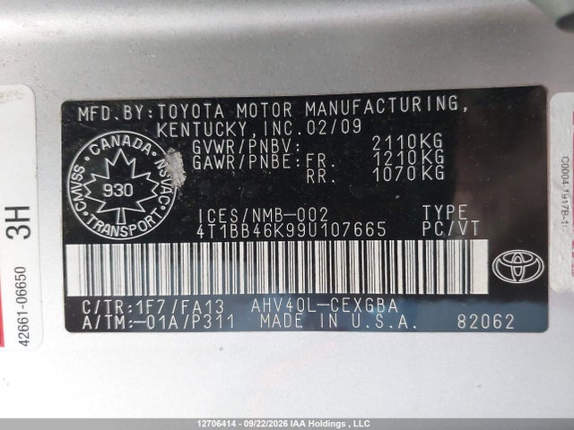 Продаж на аукціоні авто 2009 Toyota Camry Hybrid, vin: 4T1BB46K99U107665, номер лоту: 12706414