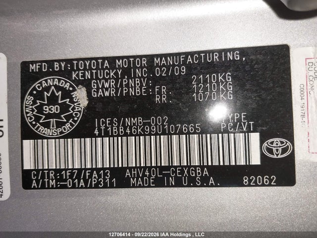 Продаж на аукціоні авто 2009 Toyota Camry Hybrid, vin: 4T1BB46K99U107665, номер лоту: 12706414