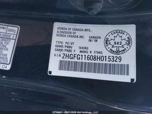 2008 Honda Civic Lx მანქანა იყიდება აუქციონზე, vin: 2HGFG11608H015329, აუქციონის ნომერი: 12706641
