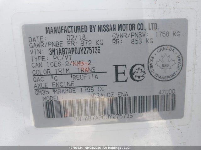 Продаж на аукціоні авто 2018 Nissan Sentra 1.8 S/1.8 Sv/1.8 Sv Midnight Edition, vin: 3N1AB7AP0JY275736, номер лоту: 12707924