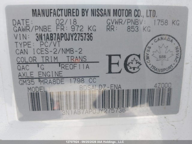 Продаж на аукціоні авто 2018 Nissan Sentra 1.8 S/1.8 Sv/1.8 Sv Midnight Edition, vin: 3N1AB7AP0JY275736, номер лоту: 12707924