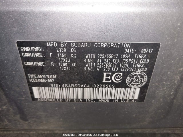 Продажа на аукционе авто 2018 Subaru Outback 2.5i, vin: 4S4BSDAC4J3228209, номер лота: 12707966