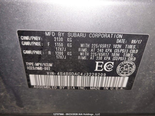Продажа на аукционе авто 2018 Subaru Outback 2.5i, vin: 4S4BSDAC4J3228209, номер лота: 12707966