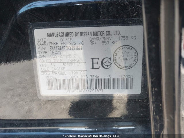 Aukcja sprzedaży 2019 Nissan Sentra 1.8 S/1.8 Sv, vin: 3N1AB7AP8KY291877, numer aukcji: 12708253