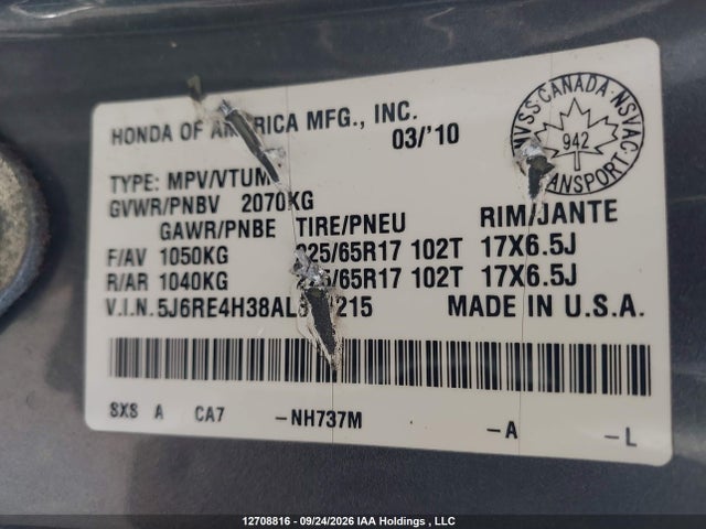 12708816 :رقم المزاد ، 5J6RE4H38AL811215 vin ، 2010 Honda Cr-v Lx مزاد بيع