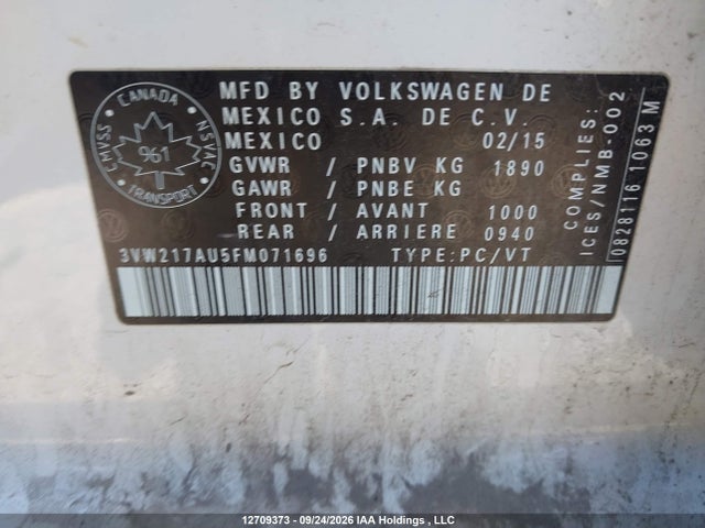 Продаж на аукціоні авто 2015 Volkswagen Golf 1.8 Tsi Comfortline/1.8 Tsi Highline/1.8 Tsi Trendline, vin: 3VW217AU5FM071696, номер лоту: 12709373