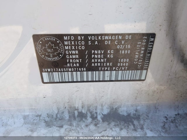 Продаж на аукціоні авто 2015 Volkswagen Golf 1.8 Tsi Comfortline/1.8 Tsi Highline/1.8 Tsi Trendline, vin: 3VW217AU5FM071696, номер лоту: 12709373