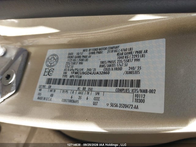 12714638 :رقم المزاد ، 1FMCU9GD4JUA32860 vin ، 2018 Ford Escape Se مزاد بيع