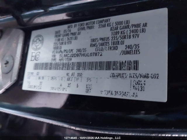 5LMCJ2D97HUL07872 Lincoln MKC SELECT